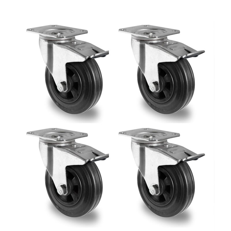 Set wielen 4 zwenkwielen met rem 80 mm massief rubber zwart